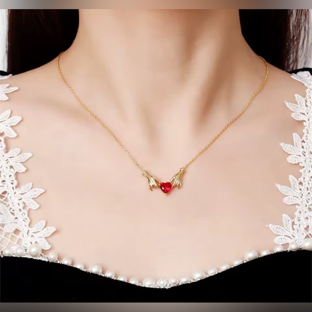 18K Gold Plated Claddagh Inspired Hands Holding Gemstone Heart Necklace - Picture 3 of 8